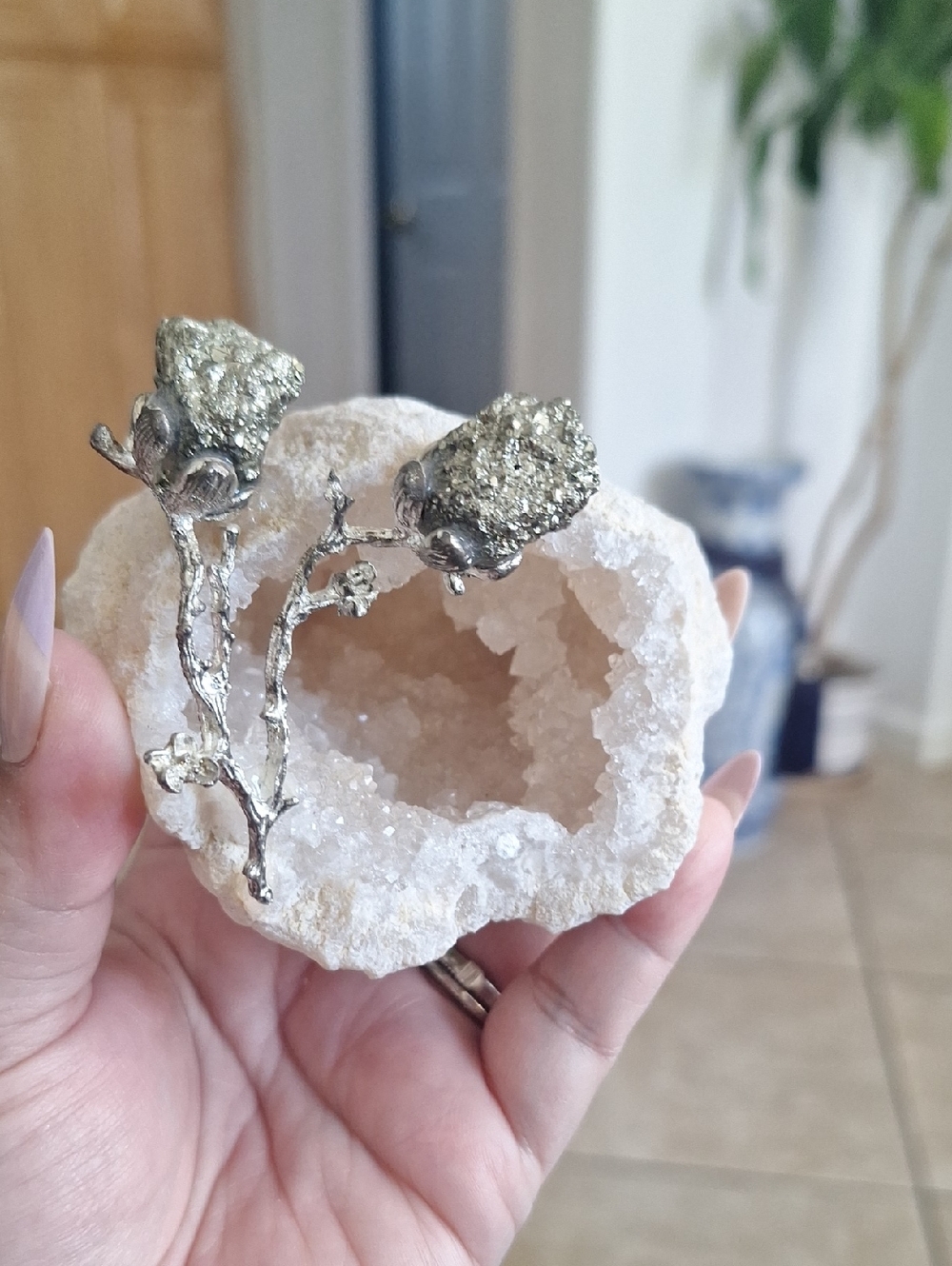 Clear Quartz Geode with Pyrite Roses